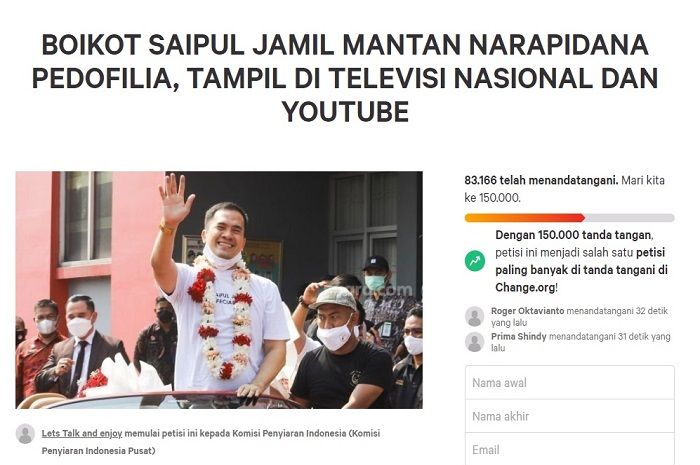 Video Saipul Jamil banjir dislike hingga kritik netizen di tengah petisi boikot kini telah menembus 83.000 tandatangan.*
