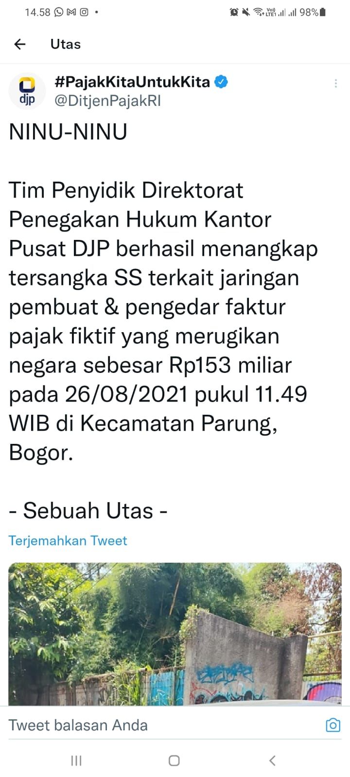Informasi penangkapan tersangka SS akun @DitjenPajakRI