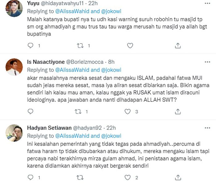 Netizen Tidak Setuju Pernyataan Alissa Wahid Terkait Perusakan Masjid Ahmadiyah