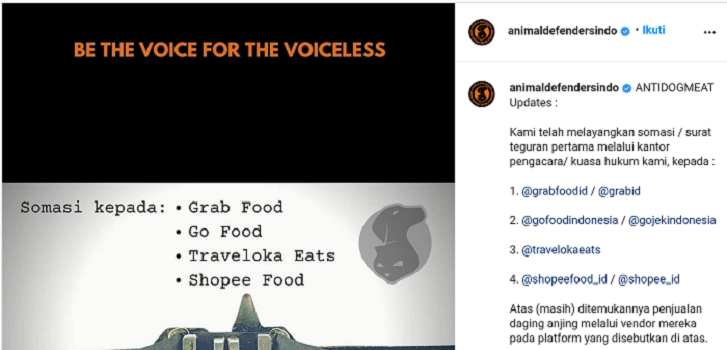 Unggahan Animal Defenders Indonesia melontarkan somasi kepada empat layanan pesan makanan online karena ada pelapak menjual daging anjing.