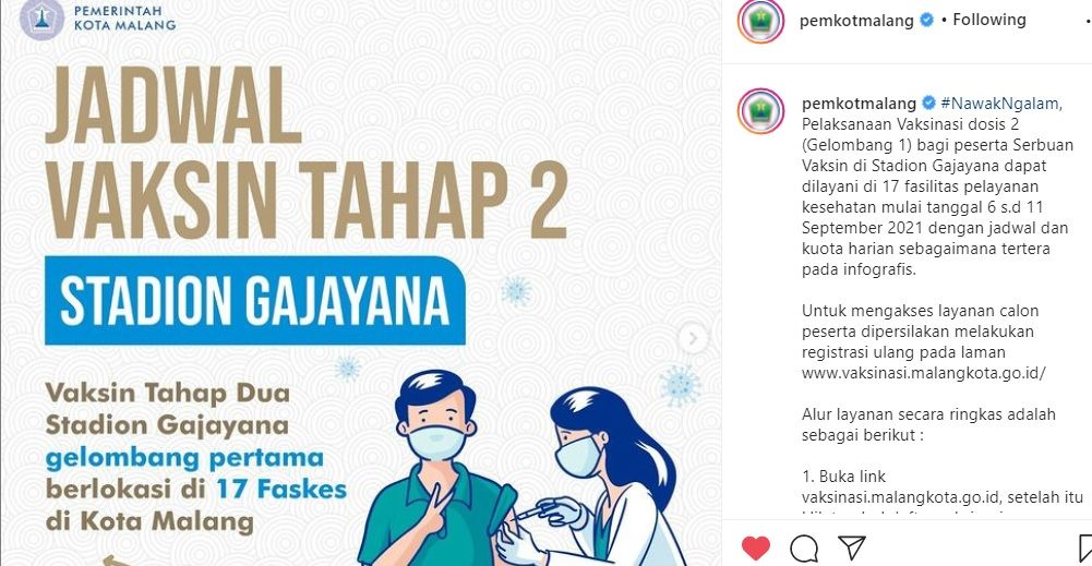 Informasi vaksinasi di kota Malang pada September 2021