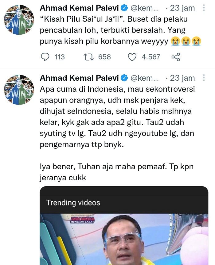Tangkap layar unggahan Twitter Kemal Palevi.
