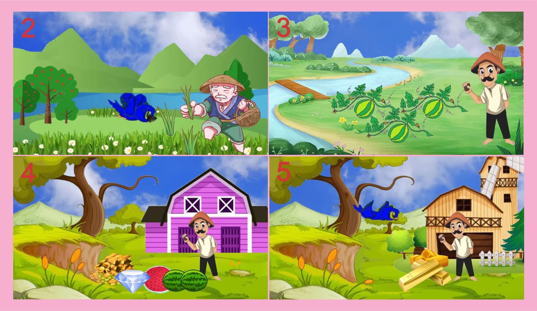 Membuat gambar cerita dongeng Petani yang Baik Hati dengan tepat! 