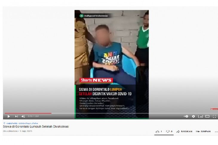 Tangkapan layar video dengan narasi siswa di Gorontalo lumpuh usai disuntik vaksin Covid-19.