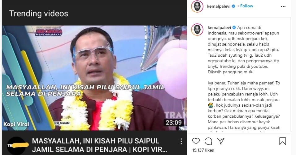 Postingan Kemal Palevi yang menolak Saipul Jamil muncul di TV