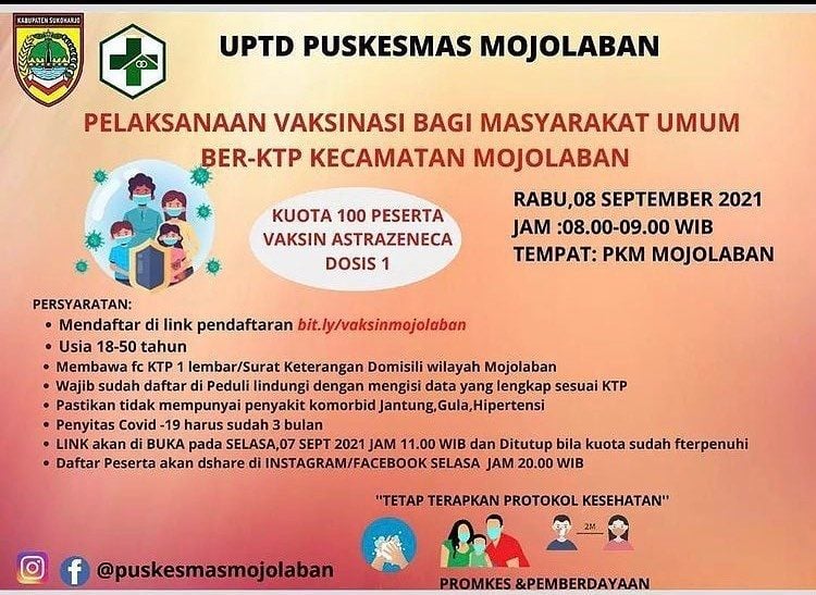 Info Vaksin di Sukoharjo Tanggal 8 September 2021, Kuota Terbatas.