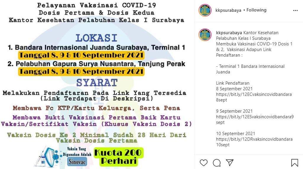 Informasi vaksinasi di Bandara Juanda dan Pelabuhan Tanjung Perak Surabaya 8-10 September 2021