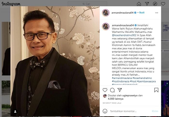 Unggahan Armand Maulana terkait meninggalnya Koes Hendratmo./Instagram.com