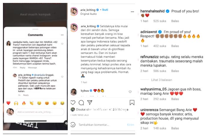 Unggahan Arie Kriting yang menolak kerja sama dengan stasiun tv yang meyangkan Saipul Jamil.