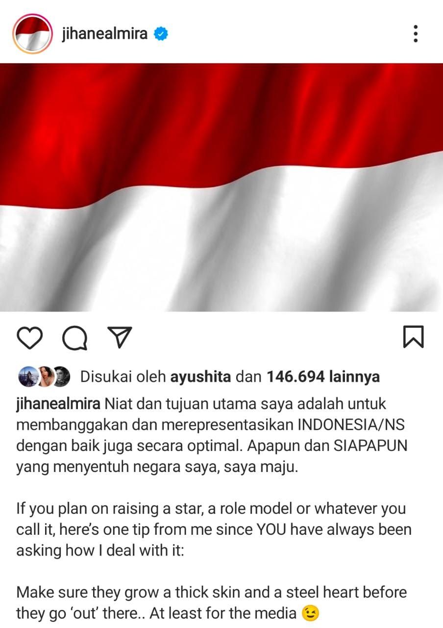 jihane Almira pasang badan saat Indonesia di hina, ia bahkan membuat tampilan bendera merah putih di Instagram pribadinya
