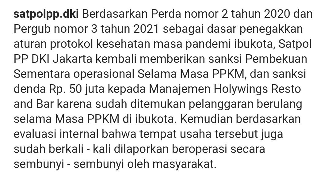 Keterangan Satpol PP DKI Jakarta terkait Holywings di Instagram. 