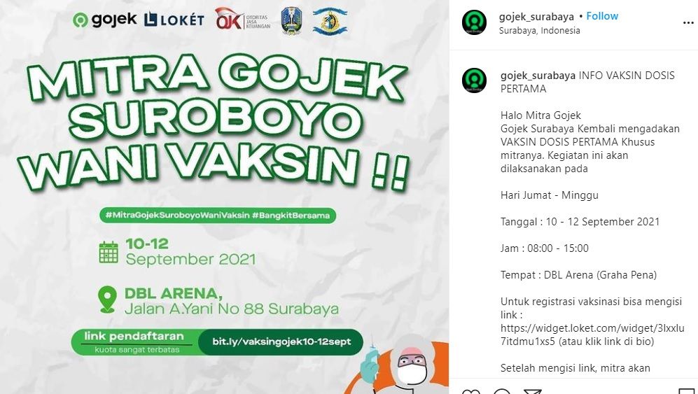informasi vaksinasi bagi driver Gojek di Surabaya