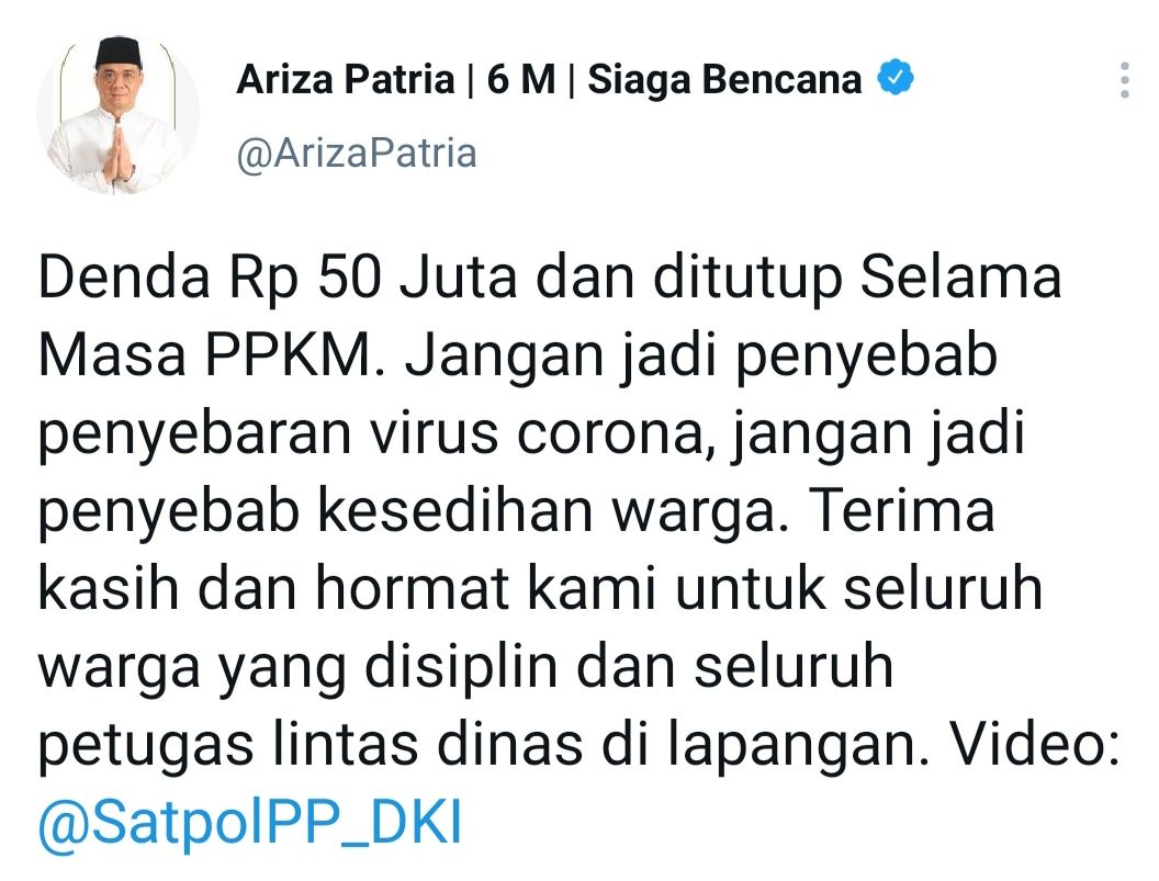 Cuitan Wagub DKI Jakarta, Ahmad Riza Patria di Twitter. 