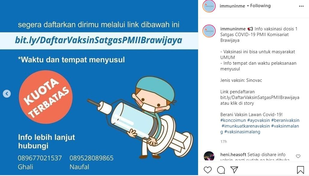 Informasi vaksinasi di PMII Malang