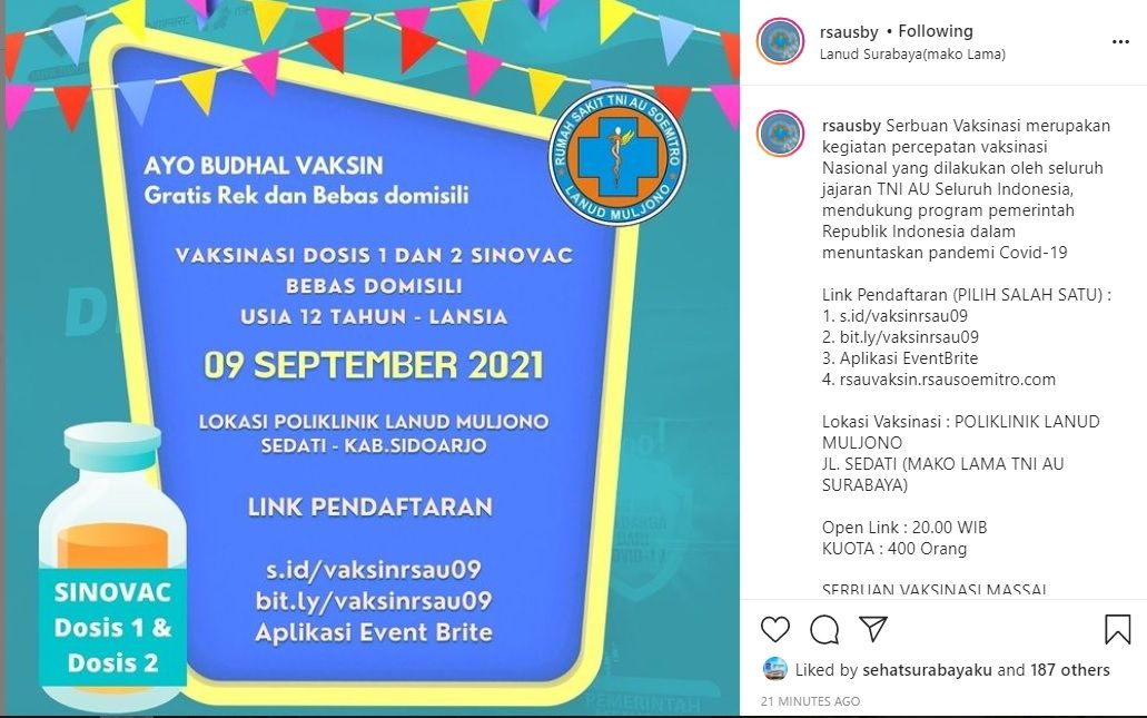 Informasi vaksinasi gratis di Poliklinik LANUD MULJONO Sedati Sidoarjo