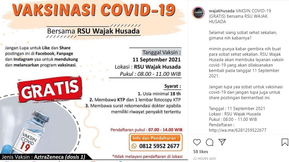 Informasi vaksin gratis di RSU Wajak Husada Malang