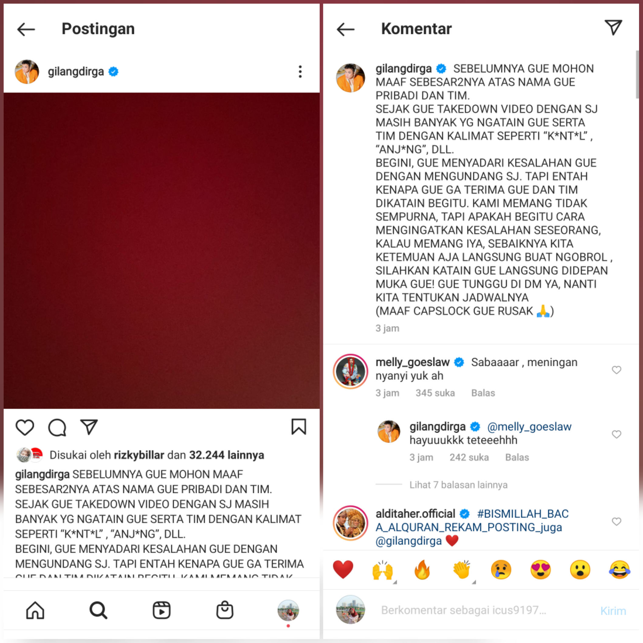 Melly Goeslaw meminta Gilang Dirga untuk bersabar dan mengajaknya bernyanyi usai dirinya marah-marah karena komentar kasar netizen.*