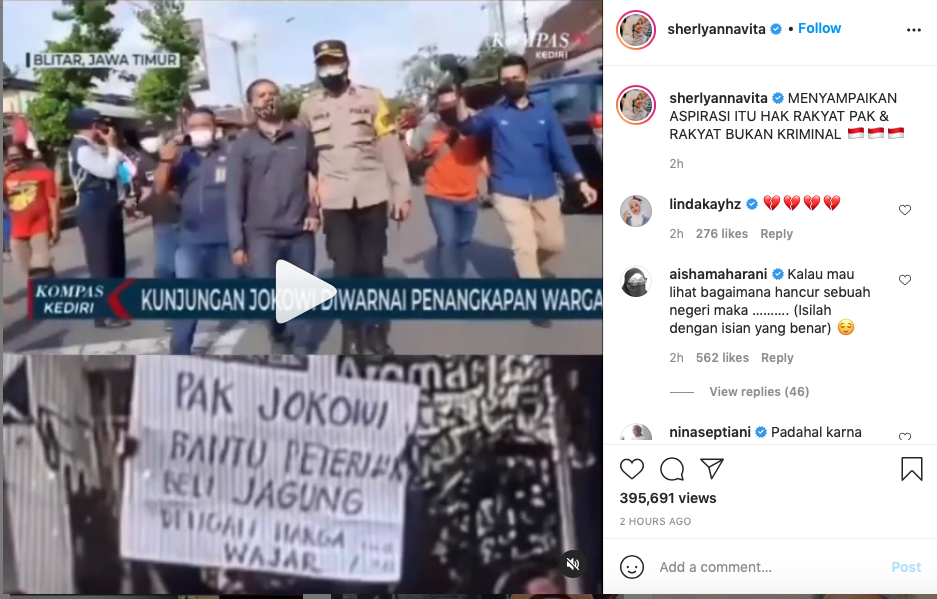 Sherly Annavita menyoroti kabar penangkapan seorang pria yang membentangkan poster protes ke arah Jokowi ketika berkunjung di Blitar, Selasa, 7 September 2021.
