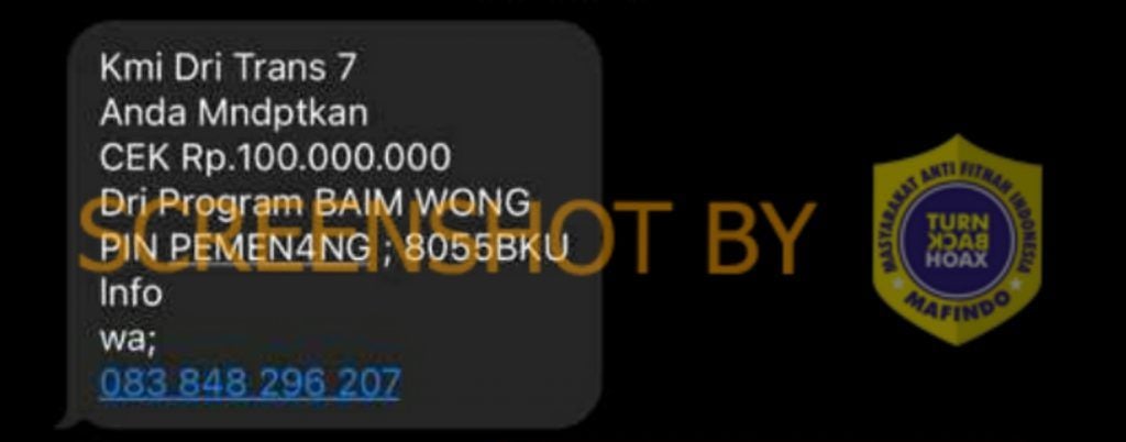 SMS bagi-bagi hadiah Baim Wong hoax/Turnbackhoax