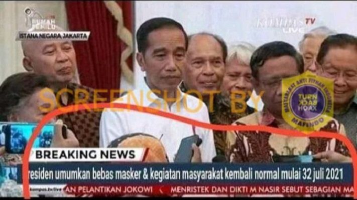 Hoaks Presiden Jokowi dikabarkan mengluarkan statemen bebas masker dan kegiatan masyarakat kembali normal.