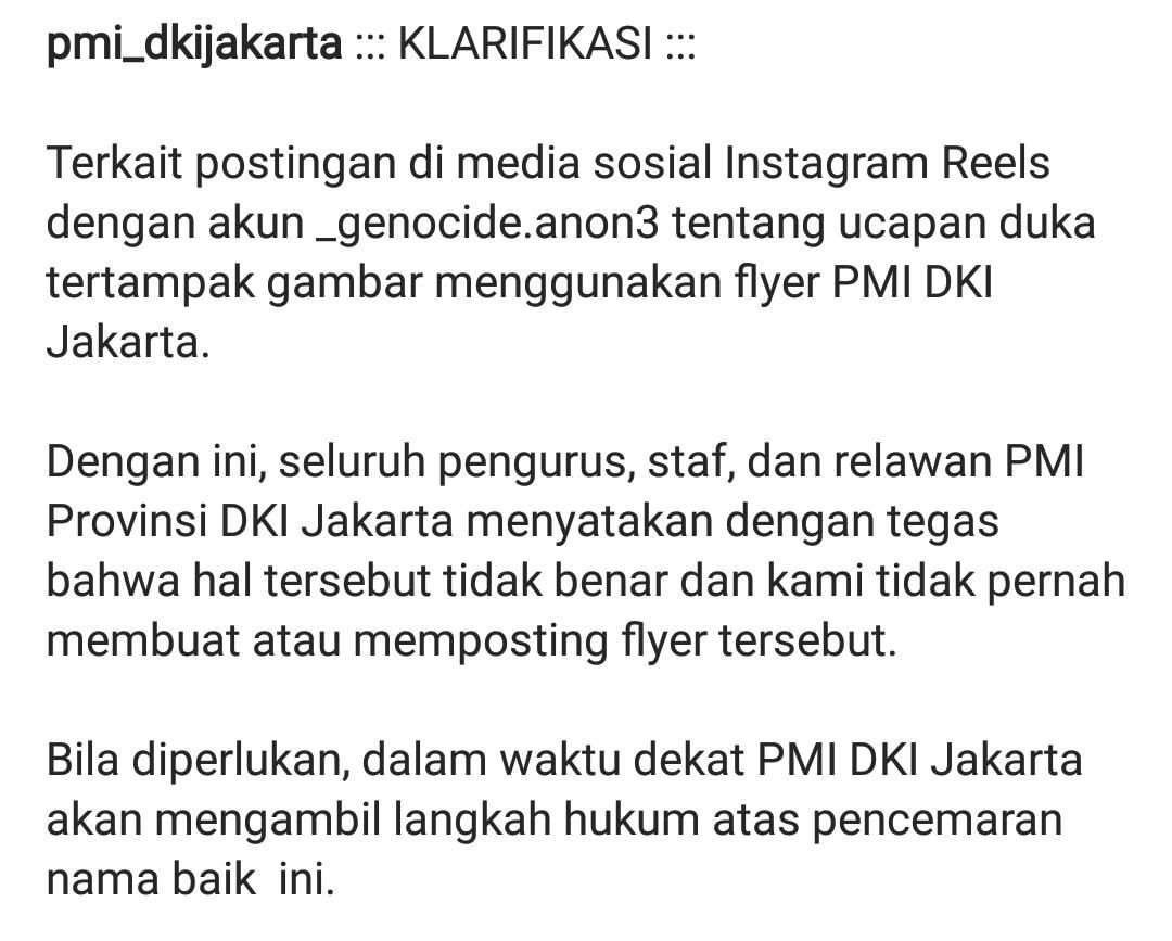 Postingan klarfikasi PMI DKI Jakarta atas flyer ucapan duka meninggalnya Megawati