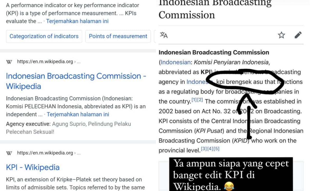 Kepanjangan Kpi Diubah Jadi Komisi Pelecehan Indonesia Di Wikipedia Andovi Jangan Laporkan Saya Jurnal Soreang