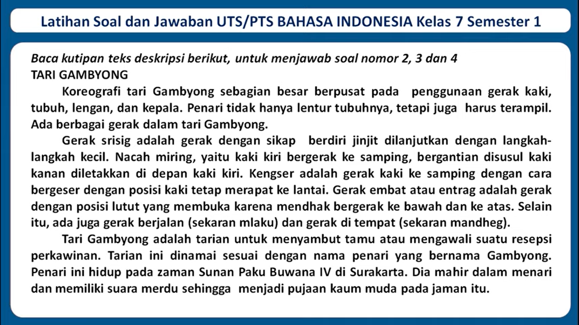 teks naskah Tari Gambyong pembahasan soal UTS PTS Bahasa Indonesia Kelas 7 