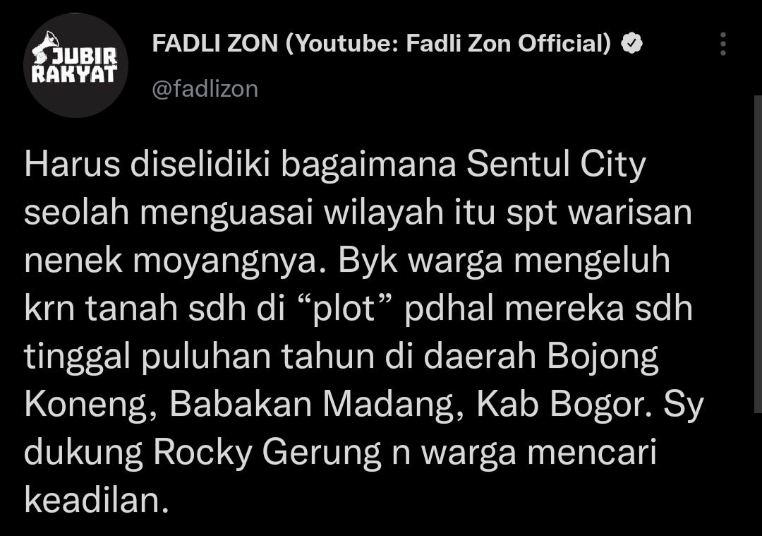 Cuitan Fadli Zon soal somasi PT Sentul City terhadap Rocky Gerung.
