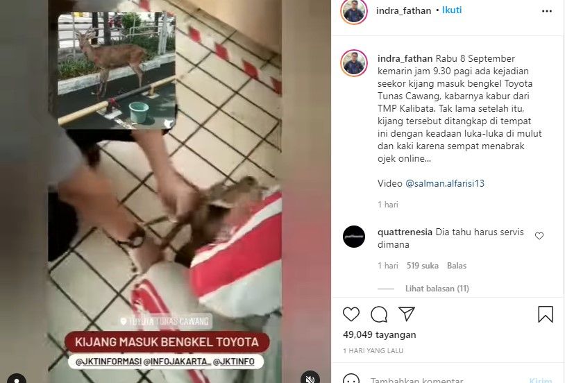 Tangkapan layar postingan video viral kijang masuk ke area bengkel Toyota di Cawang, Kramat Jati