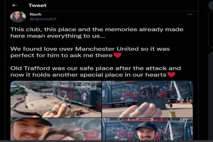 Seorang wanita membagikan kisahnya dilamar sang kekasih di Stadion Old Trafford.