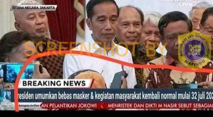 Tangkapan layar Presiden Jokowi dikabarkan mengumumkan bebas masker dan kegiatan masyarakat kembali normal.