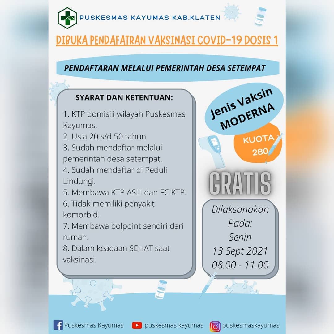 Info Vaksin Klaten Bulan September 2021, Jenis Vaksin Moderna  Dosis 1 .