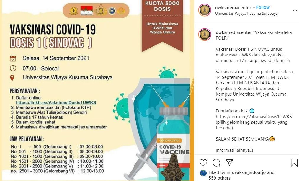 Informasi vaksinasi di UWK Surabaya 14 September 2021