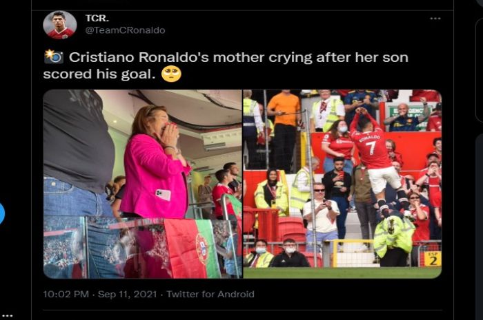 Ibu Cristiano Ronaldo menangis menyaksikan CR7 mencetak gol bagi MU.