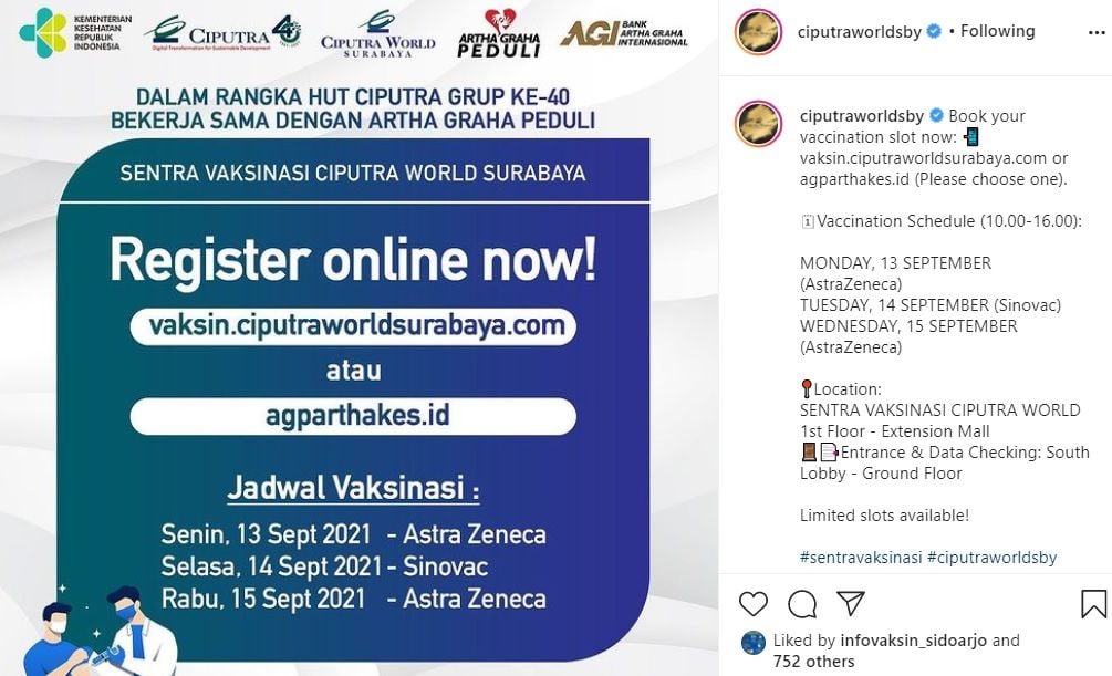 Informasi vaksinasi di Mall Ciputra World Surabaya