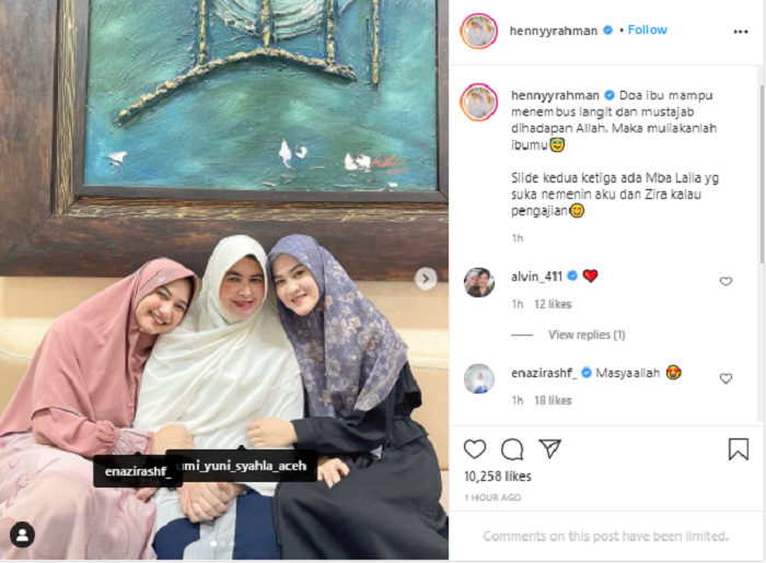 Henny Rahman mengunggah foto kebersamaan dengan sang mertua atau ibundan sang suami, Alvin Faiz, yakni Umi Yuni.*