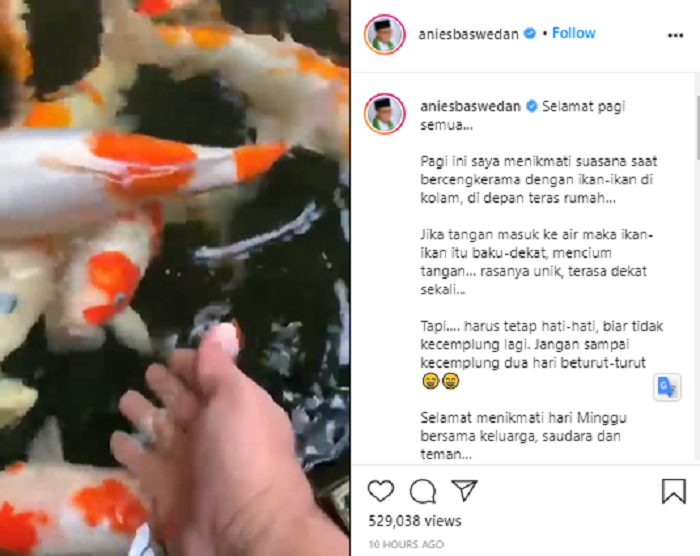 Gubernur DKI Jakarta Anies Baswedan teringat kejadian dirinya tercebur ke dalam got saat sedang bermain di dekat kolam ikan.*