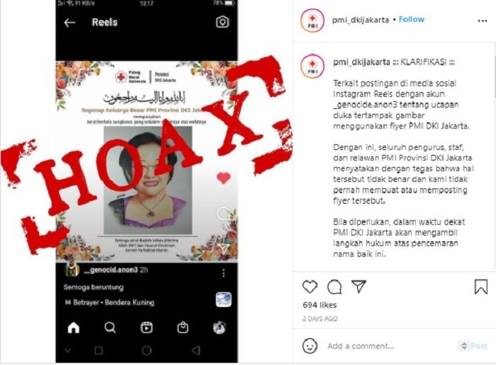 Palang Merah Indonesia (PMI) DKI Jakarta mengaskan jika poster duka cita untuk Megawati hoaks dan bukan dari pihaknya.*