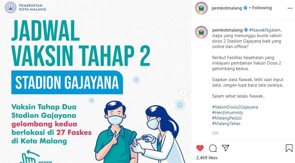 Jadwal Lengkap Vaksin di 27 Faskes Kota Malang, 13-17 September 2021 