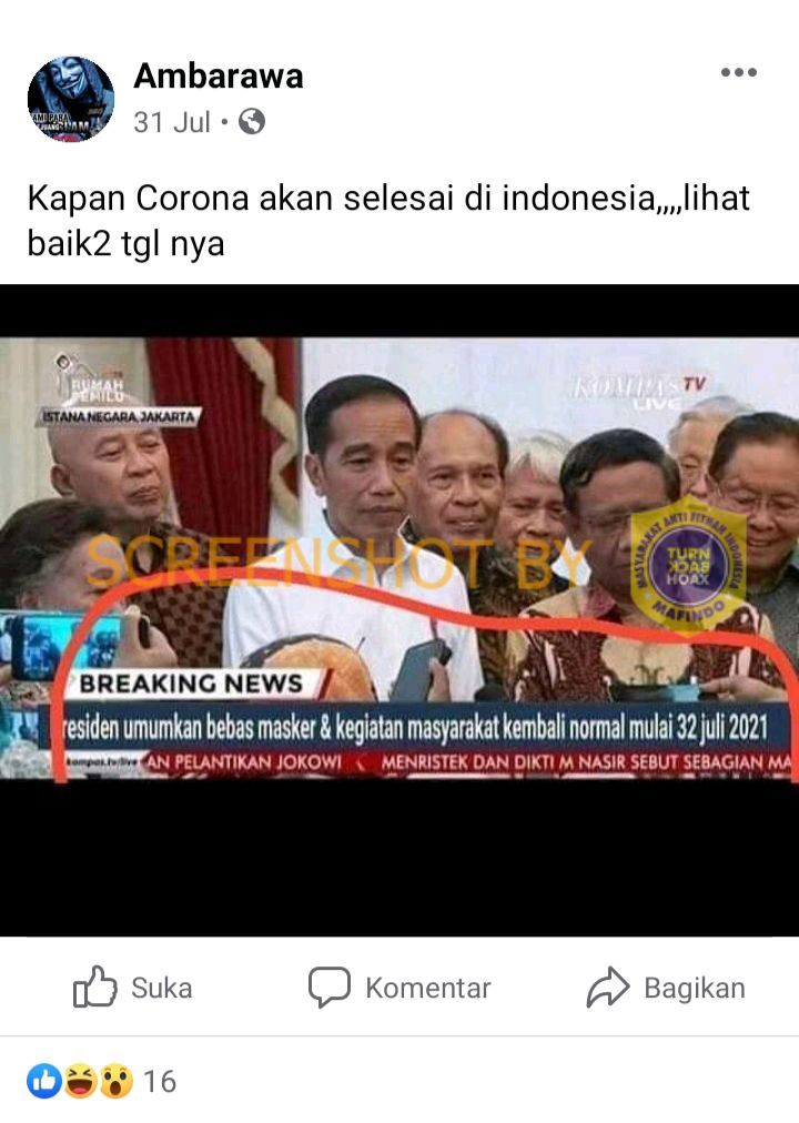HOAKS - Beredar sebuah unggahan yang menyebut jika Jokowi mengumumkan bebas masker dan keadaan kembali normal.*