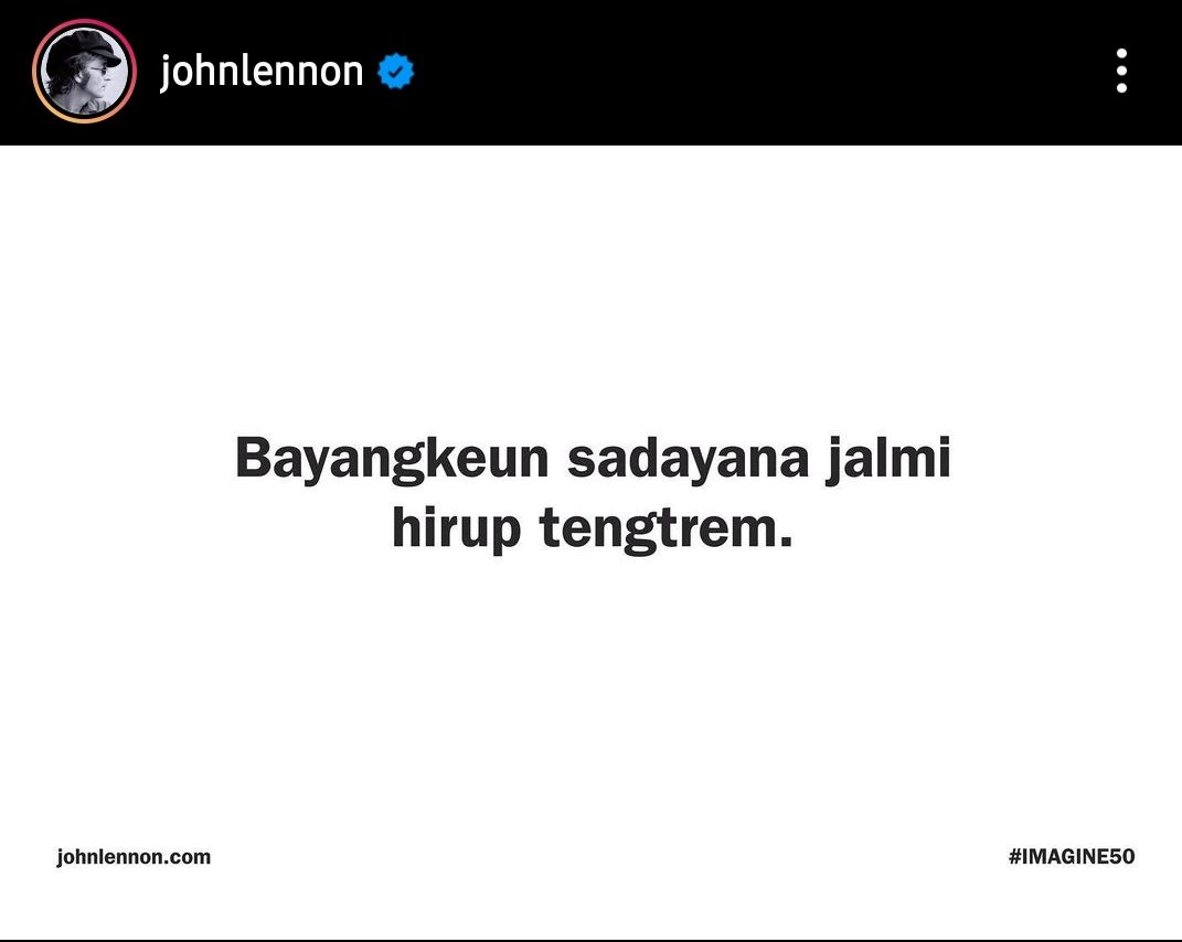 Unggahan John Lennon dari penggalan lirik lagu Imagine dalam Bahasa Sunda.