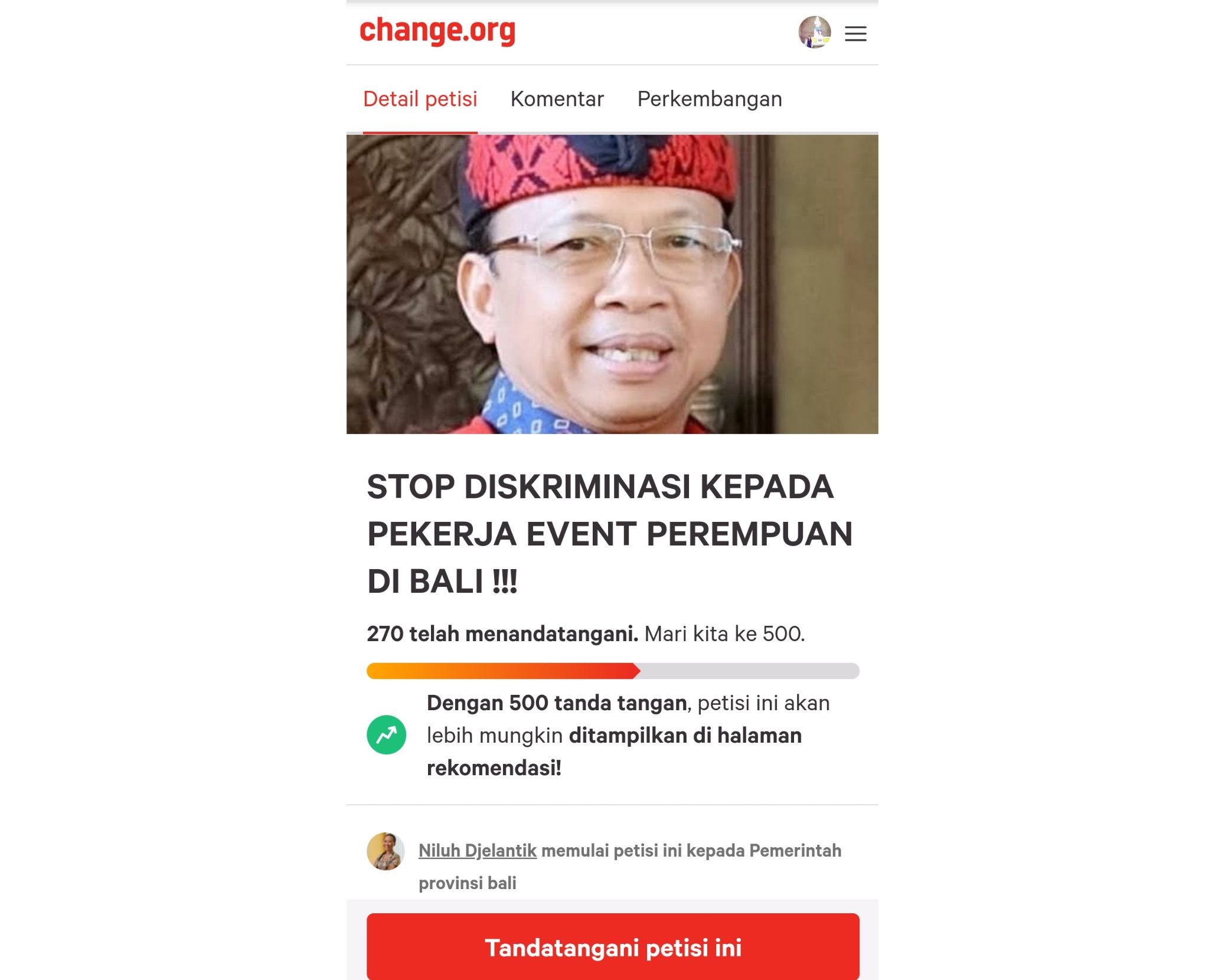 Tangkapan Layar : Petisi Stop Diskriminasi Kepada Pekerja Event Perempuan di Bali oleh Niluh Djelantik