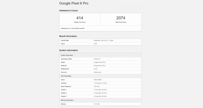 Hasil benchmark smartphone Google Pixel 6 Pro di platform Geekbench.