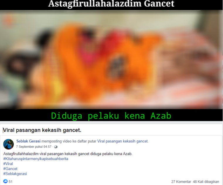Unggahan video klaim pasangan gancet diduga pelaku kena azab hoax/Facebook/ Seblak Gerasi
