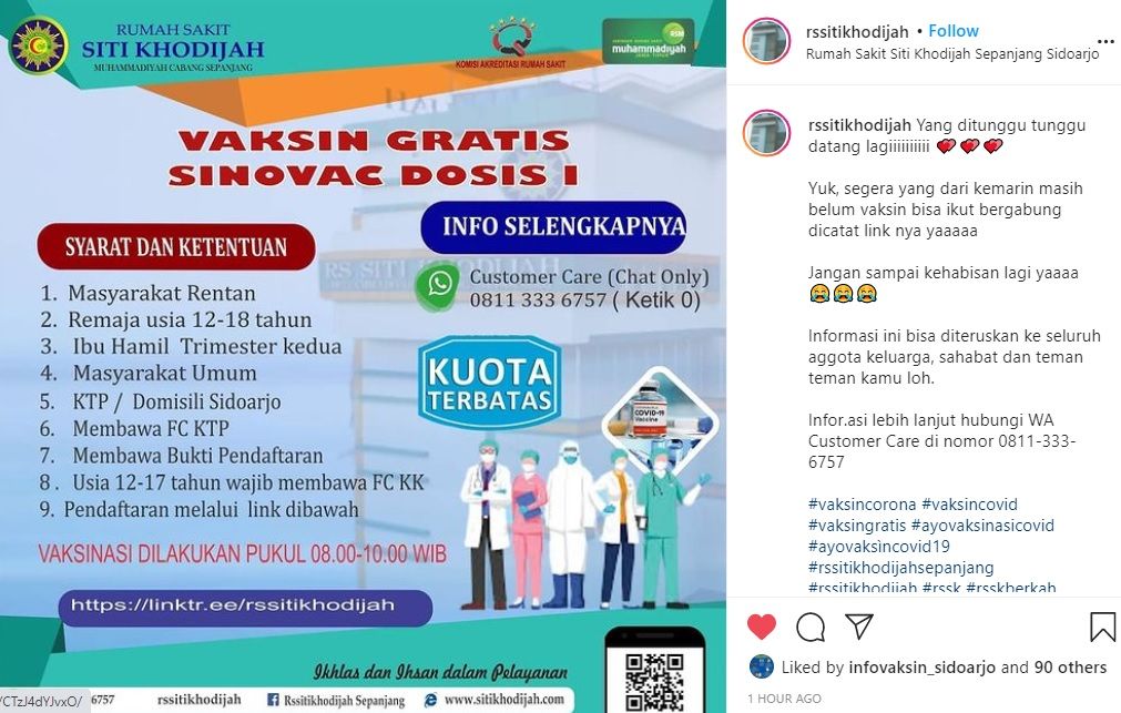 Informasi vaksin gratis di RS Siti Khodijah Sepanjang Sidoarjo