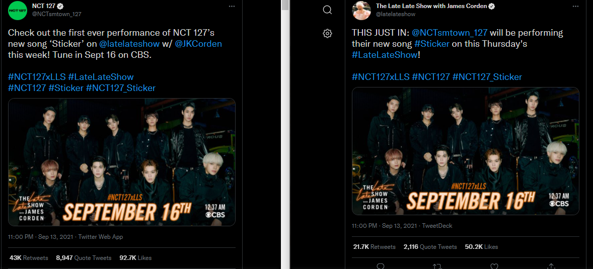 Unggahan The Late Late Show with James Corden dan NCT 127. 