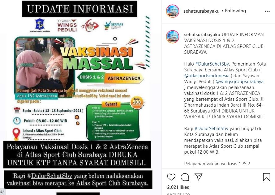 Informasi vaksinasi di Atlas Sport Club Surabaya