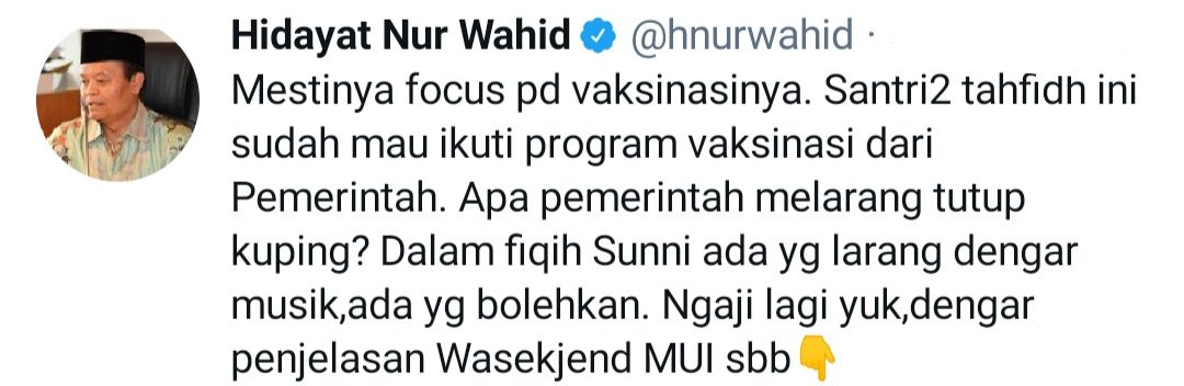 Cuitan Hidayat Nur Wahid di Twitter. 