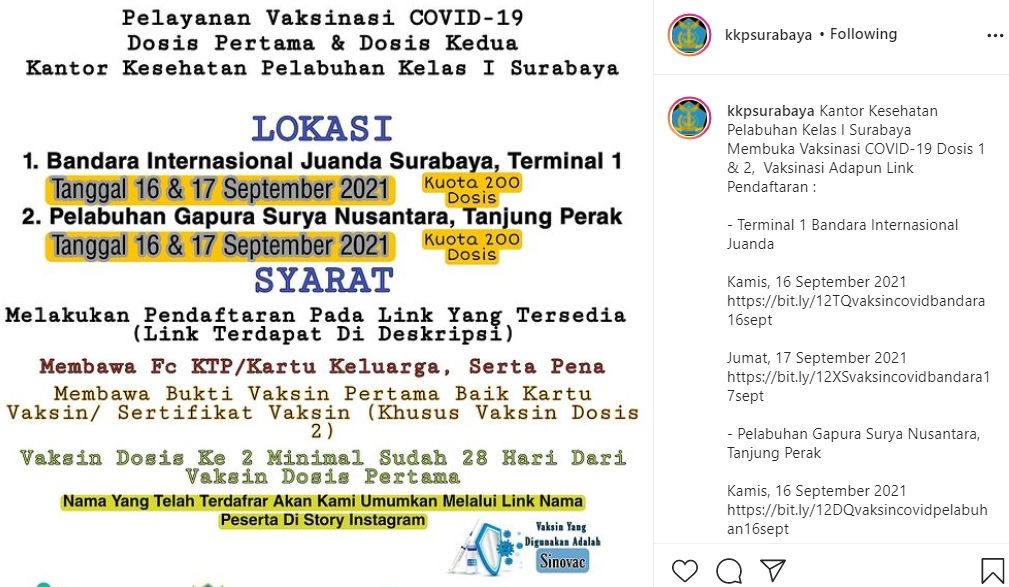 Informasi vaksinasi gratis di Bandara Juanda dan Pelabuhan Tanjung Perak Surabaya