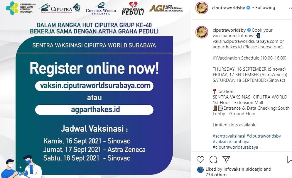 Informasi vaksinasi di Mall Ciputra World Surabaya pada 16-18 September 2021